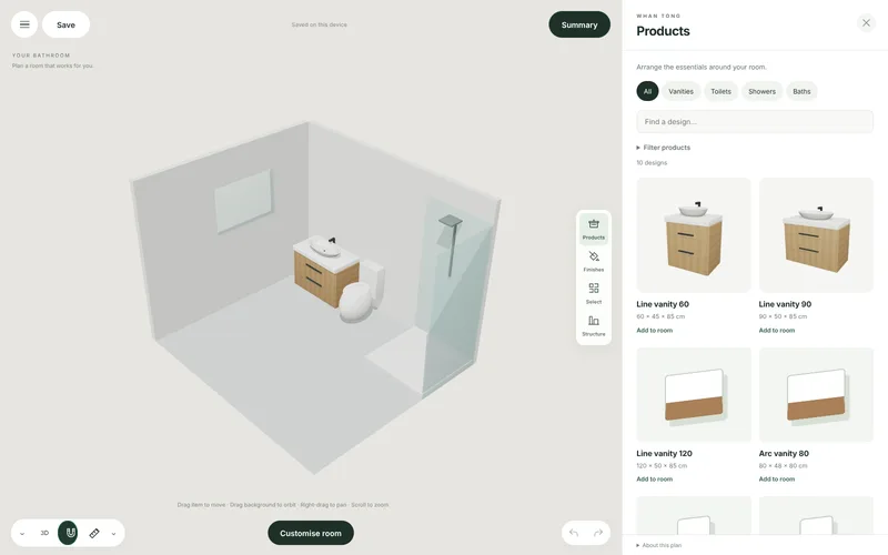 The Whan Tong bathroom planner showing a 3D bathroom with vanity, toilet and shower
