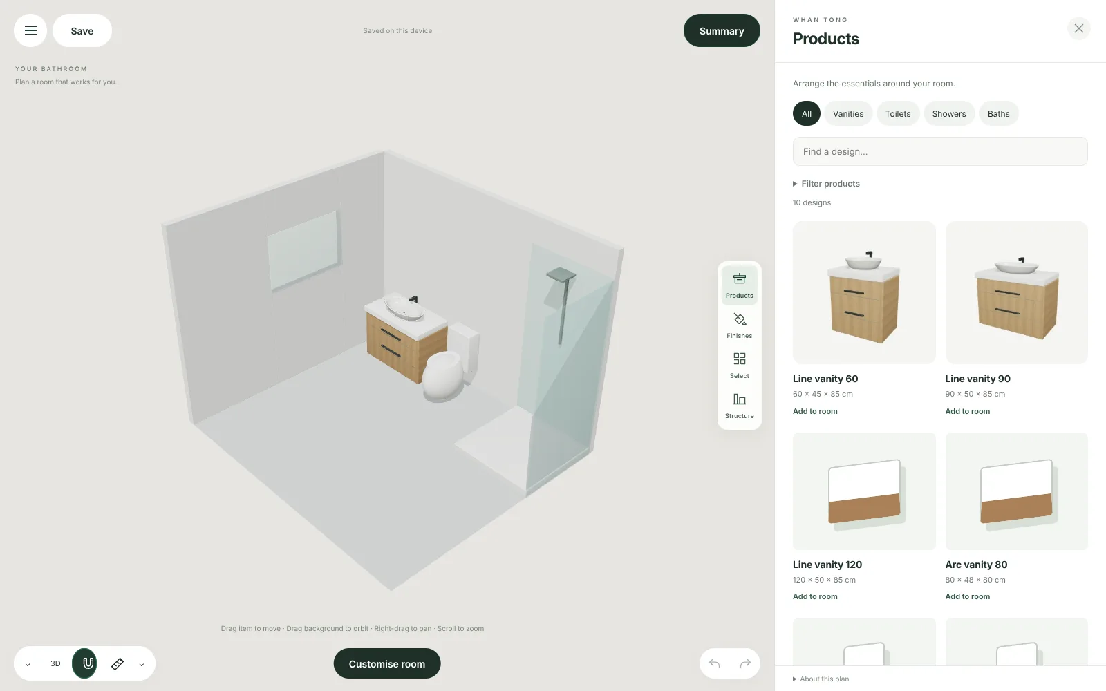 The bathroom planner showing a 3D room with a wood vanity, toilet and glass shower, with a product list on the right