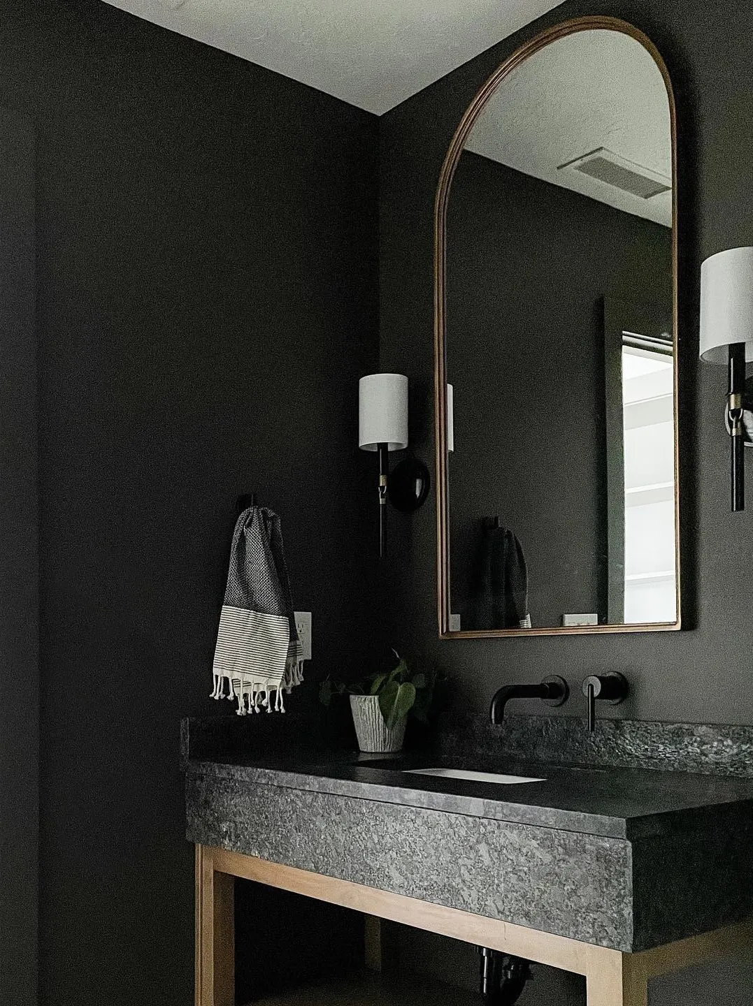 Dark powder room with stone basin