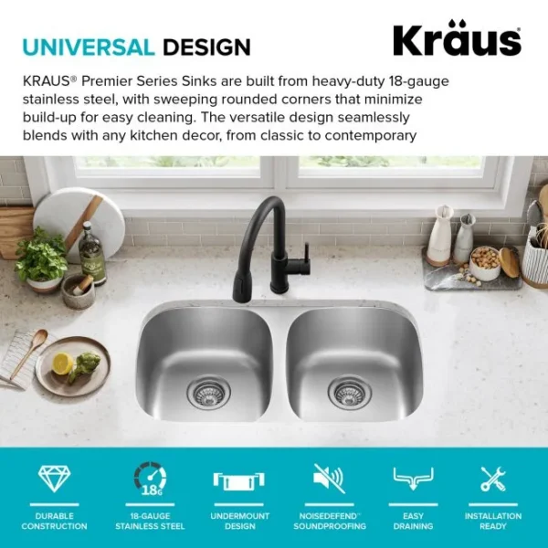 Kraus Premier 32" Undermount Double Bowl Kitchen Sink - Image 3